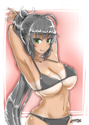 ahoge armpits arms_behind_back bikini black_bikini black_hair blush breasts dark-skinned_female dark_skin green_eyes homura_(senran_kagura) inutokage large_breasts looking_at_viewer ponytail ribbon senran_kagura swimsuit tan tanline underboob
