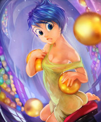 1girl ass ball barefoot blue_hair breasts cleavage colored_skin disney dress highres inside_out joy_(inside_out) perspective pixar short_dress sitting strap_slip thezentlion yellow_skin