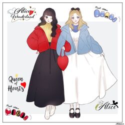2girls alice_(disney) alice_in_wonderland_(disney) alternate_costume black_hair blonde_hair blue_dress blue_eyes bow copyright_name dress duplicate hairband long_hair meecosme multiple_girls nail_polish queen_of_hearts_(disney) shoes simple_background smile
