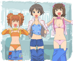 Rule 34 | &gt; &lt;, 00s, 3girls, :d, ^ ^, amami haruka, antenna hair, bikini, bikini under clothes, black hair, blue eyes, blush, bow, bow bikini, breasts, brown hair, cleavage, closed eyes, clothes lift, clothes pull, denim, denim shorts, denim skirt, closed eyes, flat chest, idolmaster, idolmaster (classic), idolmaster 1, kikuchi makoto, kozou (rifa), medium breasts, midriff, multiple girls, navel, open clothes, open mouth, open shirt, panties, pencil skirt, raglan sleeves, refine (studio emerald refine), shirt, shirt lift, short hair, shorts, skirt, skirt pull, small breasts, smile, sports bikini, sweatdrop, swimsuit, swimsuit under clothes, takatsuki yayoi, tankini, thigh gap, thighs, twintails, underwear, undressing