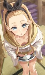 1girl absurdres banana_oekaki black_ribbon blonde_hair blue_eyes commentary cushion downblouse feet_out_of_frame forehead hair_ribbon hairband highres hood hoodie kurumi_(lycoris_recoil) leaning_forward long_hair looking_at_viewer lycoris_recoil no_bra ribbon solo tatami undressing white_hoodie yellow_hood zabuton