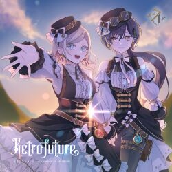 2girls absurdres bare_shoulders belt black_bow black_bowtie black_hat black_pants blue_eyes blurry blurry_background bow bowtie breasts brown_belt center_frills ceras_yanagida_lilienfeld character_name clothing_cutout collared_shirt cowboy_shot edel_note frilled_shirt frilled_shirt_collar frills goggles goggles_on_headwear grey_hair group_name hair_ribbon hat hat_belt highres holding_hands katsuragi_izumi link!_like!_love_live! logo long_hair long_sleeves looking_at_viewer love_live! medium_breasts multiple_girls official_alternate_costume official_art orange_eyes pants pink_ribbon puffy_long_sleeves puffy_sleeves retrofuture_(love_live!) ribbon second-party_source shirt shoulder_cutout song_name standing sunrise tilted_headwear underbust v-shaped_eyebrows virtual_youtuber wolf_cut