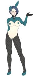 1girl abs absurdres animal_ears black_gloves black_pantyhose blue_hair blush breasts covered_erect_nipples fake_animal_ears female_focus female_pubic_hair fire_emblem fire_emblem:_three_houses fishnet_pantyhose fishnets forehead full_body gloves gluteal_fold green_footwear heart_maebari heart_pasties high_heels highres maebari meme_attire navel nintendo pantyhose pasties pubic_hair purple_eyes rabbit_ears reverse_bunnysuit reverse_outfit shamir_nevrand short_hair sihkygmojsn simple_background solo standing white_background