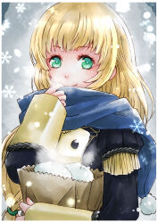 1girl bag steamed_bun blonde_hair blue_scarf ebi_puri_(ebi-ebi) fire_emblem fire_emblem:_three_houses food garreg_mach_monastery_uniform green_eyes ingrid_brandl_galatea long_hair nintendo paper_bag scarf