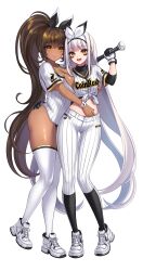 2girls absurdres baseball_bat baseball_uniform black_nails black_socks blanc_(nikke) blanc_(no._77_batter)_(nikke) bow_hairband breasts brown_eyes brown_hair closed_mouth commentary_request dark-skinned_female dark_skin eye_black fang fingernails full_body gloves goddess_of_victory:_nikke hair_between_eyes hairband hand_on_another&#039;s_hip highres holding holding_baseball_bat korean_commentary large_breasts long_fingernails long_hair looking_at_viewer mixed-language_commentary multiple_girls nail_polish no_pants noir_(nikke) official_alternate_costume open_mouth pants ponytail shiny_skin shirt shoes short_sleeves simple_background smile sneakers socks sportswear standing thighhighs tied_shirt toriseru_(rare_stone) very_long_hair white_background white_hair white_hairband white_pants white_shirt white_thighhighs wristband