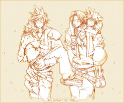 4boys age_difference armor arms_around_neck asymmetrical_sleeves belt carrying chain chain_necklace closed_eyes cloud_strife commentary cropped_legs english_commentary english_text final_fantasy final_fantasy_vii final_fantasy_viii fingerless_gloves gloves hand_on_another&#039;s_hip hand_on_another&#039;s_shoulder height_difference illbewaiting jacket jewelry kingdom_hearts kingdom_hearts_ii light_smile long_hair looking_at_another male_focus monochrome multiple_belts multiple_boys necklace pants parted_lips pauldrons pendant piggyback princess_carry puffy_pants roxas scar scar_on_face shirt short_hair short_sleeves shoulder_armor shoulder_strap single_pauldron sketch sleeping sora_(kingdom_hearts) spiked_hair squall_leonhart thigh_belt thigh_strap v-neck vest yellow_theme