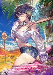 Rule 34 | 1girl, absurdres, ass, billboard, black bra, black hair, blue shorts, blue sky, bra, breasts, bubble, car, cigarette, cleavage, cloud, collared shirt, commentary, crop top, dappled sunlight, day, denim, denim shorts, desert, ear piercing, earrings, green eyes, hair between eyes, hand on own cheek, hand on own face, heart, heart tattoo, highres, hoop earrings, jewelry, large breasts, long sleeves, looking at viewer, micro shorts, motor vehicle, mouth hold, multicolored hair, nail polish, off shoulder, original, outdoors, palm leaf, palm tree, piercing, pink car, red nails, road sign, shirt, short hair, shorts, sign, sky, sleeves past wrists, smoke, smoking, soap bubbles, solo, soono (rlagpfl), star (symbol), stop sign, strap slip, streaked hair, sunlight, tattoo, tied shirt, torn clothes, torn shorts, tree, two-tone hair, underwear, very long fingernails, water drop, wet, white shirt