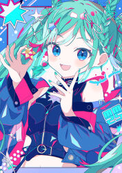1girl aqua_hair aqua_nails aramedraw blue_eyes blush braid braided_hair_rings breasts commentary crop_top denim_shirt earrings hair_ornament hair_rings hatsune_miku heart heart_earrings highres jacket jewelry long_hair looking_at_viewer magical_mirai_(vocaloid) magical_mirai_miku magical_mirai_miku_(2025) medium_breasts midriff navel official_alternate_costume official_alternate_hairstyle open_clothes open_jacket open_mouth small_stellated_dodecahedron smile solo star_(symbol) star_hair_ornament stomach very_long_hair vocaloid