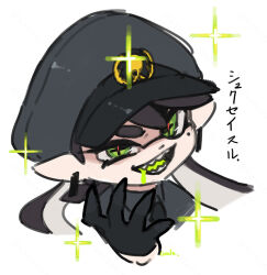 Rule 34 | 1girl, black gloves, black hair, black hat, black neckerchief, black necktie, black shirt, callie (splatoon), claw pose, collared shirt, colored tongue, commentary request, coula cat, cropped shoulders, cross-shaped pupils, dot nose, drooling, earrings, evil grin, evil smile, eyebrows hidden by hair, fangs, gloves, green eyes, grin, hat, head tilt, ink, inkling, insignia, jewelry, large ears, long hair, looking at viewer, military hat, military uniform, mole, mole under eye, narrowed eyes, neckerchief, necktie, nintendo, peaked cap, pointy ears, portrait, red pupils, shaded face, sharp teeth, shirt, smile, solo focus, sparkle, splatoon (series), splatoon 1, swept bangs, symbol-shaped pupils, teeth, tentacle hair, thick eyebrows, thick eyelashes, translation request