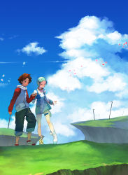 1boy 1girl absurdres aqua_hair brown_hair cloud day dress eureka_(eureka_seven) eureka_seven eureka_seven_(series) hair_ornament hairclip highres holding_hands outdoors renton_thurston short_hair smile standing standing_on_one_leg thigh_strap yuuten