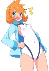 +++ 1girl :d blue_jacket blush breasts bright_pupils commentary covered_navel cowboy_shot cutefires eyelashes flipped_hair green_eyes hands_on_own_hips happy jacket long_sleeves misty_(pokemon) nintendo one-piece_swimsuit open_clothes open_jacket open_mouth orange_hair pokemon pokemon_hgss sideboob simple_background smile solo swimsuit white_background white_one-piece_swimsuit white_pupils