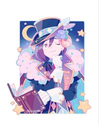 1girl argyle_clothes argyle_coat argyle_hat bad_id bad_twitter_id bang_dream! bishounen black_bow blue_background blue_coat blue_hat blue_sleeves book border bow closed_mouth cloud coat coattails collar collared_coat constellor cowboy_shot crescent diamond_earrings earrings eyelashes floating_earring flower gloves goat_horns hair_bow hair_flower hair_ornament hair_over_shoulder hand_on_own_chin hat hat_feather highres horns jewelry lapels long_hair long_sleeves looking_at_viewer monocle night night_sky notched_lapels one_eye_closed open_book open_clothes open_coat outside_border purple_collar purple_flower purple_hair purple_rose red_eyes rose round_eyewear seta_kaoru sky smile solo star_(symbol) star_print striped_clothes striped_gloves top_hat twitter_username vertical-striped_clothes vertical-striped_gloves white_border white_gloves white_wrist_cuffs wrist_cuffs yellow-framed_eyewear