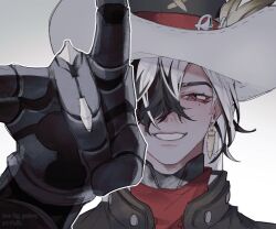 Rule 34 | 1boy, artist name, bandana, black eyes, black hair, black hat, black jacket, boothill (honkai: star rail), bullet earrings, buttons, commentary, cowboy hat, earrings, english commentary, eyeliner, hair over one eye, hand up, hat, hat feather, hat ornament, highres, honkai: star rail, honkai (series), jacket, jewelry, lips, long hair, looking at viewer, makeup, male focus, multicolored hair, open clothes, open jacket, prosthesis, prosthetic hand, red bandana, red eyeliner, sharp teeth, simple background, smile, solo, teeth, tuofu, two-tone hair, upper body, white background, white hair