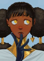 1girl afro_puffs black_gloves black_hair braid dark-skinned_female dark_skin desscaras drugsandsocks earrings eyelashes furrowed_brow gloves hair_bun hand_to_own_mouth hand_up high_collar highres jewelry light_blush long_hair looking_to_the_side madan_no_ichi multi-tied_hair portrait side_braid single_braid solo stud_earrings twintails very_dark_skin yellow_eyes