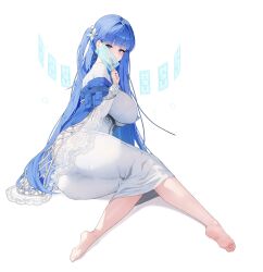 1girl absurdres arcana_(nikke) ass blue_eyes blue_hair breasts card claws dress goddess_of_victory:_nikke highres josal nightgown simple_background soles solo tarot tarot_card tight_clothes tight_dress toes white_background white_nightgown