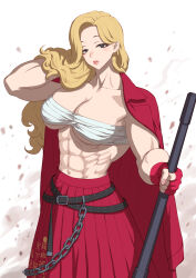 Rule 34 | 1girl, abs, akemi (blue archive), biceps, blonde hair, blue archive, breasts, chest sarashi, crossed belts, delinquent, fingerless gloves, fluffy hair, fujii eishun, gloves, highres, large breasts, long hair, looking at viewer, mole, mole under eye, muscular, muscular female, navel, red gloves, red skirt, sarashi, simple background, skirt, solo, sukeban, white background