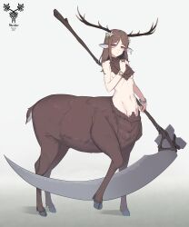 1girl absurdres animal_ears antlers bare_shoulders body_fur bracelet breasts brown_fur brown_hair centauroid closed_mouth deer_antlers deer_ears deer_girl deer_tail earrings flower full_body fur-tipped_tail green_eyes groin hair_between_eyes hair_flower hair_ornament highres holding holding_scythe hooves horns jewelry long_hair looking_at_viewer monster_girl multicolored_eyes multiple_legs navel original parted_bangs pink_eyes re:1 scythe shadow sidelocks single_earring small_breasts solo standing standing_on_three_legs stomach tail taur underboob