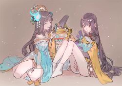 2girls aoandon black_hair blue_eyeshadow blue_fire collared_shrug eyeshadow fire frog japanese_clothes knees_up long_hair looking_at_another looking_down makeup multiple_girls no_headwear no_shoes off_shoulder on_ground one_eye_closed onmyoji panties parted_lips qiqu red_eyeshadow shrug_(clothing) sitting smile sweatdrop tabi underwear wide_sleeves yellow_eyes yokozuwari youtou_hime_(onmyoji)
