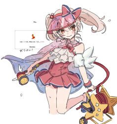 1girl absurdres bow brown_eyes cape casual_one-piece_swimsuit fate/grand_order fate/kaleid_liner_prisma_illya fate_(series) foot_out_of_frame highres holding holding_hose hose hose_nozzle hose_reel illyasviel_von_einzbern illyasviel_von_einzbern_(swimsuit_archer) illyasviel_von_einzbern_(swimsuit_archer)_(second_ascension) kaigan0211 leg_up long_hair looking_at_viewer magical_ruby magical_ruby_(hose) one-piece_swimsuit pink_cape red_bow red_one-piece_swimsuit request_inset simple_background smile solo star_(symbol) star_print swimsuit twintails visor_cap white_background