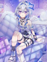 1girl alto_seneka amane_kanata amane_kanata_(punk_rock) bare_shoulders black_shorts blue_hair blue_halo boots couch feathered_wings flat_chest grey_hair halo highres hololive invisible_chair medium_hair off-shoulder_shirt off_shoulder official_alternate_costume official_alternate_hair_length official_alternate_hairstyle purple_eyes shirt shorts sitting solo star_halo virtual_youtuber white_boots white_shirt white_wings wings