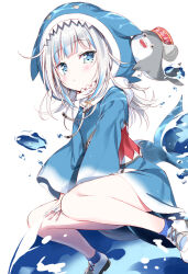 1girl animal_hood blue_eyes blue_hoodie commentary_request cowlick fins fish_tail gawr_gura gawr_gura_(1st_costume) grey_hair highres hololive hololive_english hood hood_up hoodie looking_to_the_side multicolored_hair shark_hood shark_tail shoes simple_background sitting sitting_on_water solo streaked_hair tail takahashi_tetsuya virtual_youtuber wariza white_background