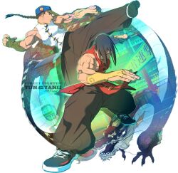 Rule 34 | 2boys, artist name, baggy pants, bare shoulders, baseball cap, black footwear, black pants, blue hat, braid, bridal gauntlets, brothers, brown eyes, character name, chinese clothes, cityscape, claw pose, commentary, copyright name, dated, dragon, eastern dragon, fighting stance, flying kick, gloves, hair over eyes, hands up, hat, high kick, kicking, long bangs, long hair, looking ahead, looking to the side, male focus, mandarin collar, multicolored hat, multiple boys, muscular, muscular male, open mouth, osanpogakari, outstretched arm, outstretched leg, pants, shoelaces, shoes, siblings, sideways glance, simple background, single braid, sleeveless, sneakers, street fighter, street fighter iii (series), twins, white background, yang lee, yellow bridal gauntlets, yellow gloves, yun lee