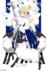 1girl blonde_hair blue_dress blush_stickers breasts capelet dress fate/grand_order fate_(series) flower frilled_hairband frills gareth_(fate) green_eyes hair_flaps hair_flower hair_ornament hairband highres lead_pipe long_sleeves medium_breasts monkey_jon sheep short_hair smile solo white_capelet white_sleeves