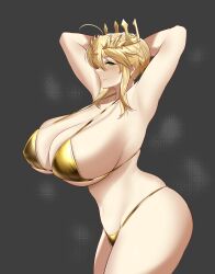 1girl absurdres ahoge altronage armpits arms_up artoria_pendragon_(fate) artoria_pendragon_(lancer)_(fate) bikini blonde_hair blush braid braided_bun breasts cleavage crown crown_braid fate/grand_order fate_(series) gold_bikini green_eyes hair_between_eyes hair_bun highres huge_breasts looking_at_viewer micro_bikini navel satin_bikini shiny_skin shiny_swimsuit sidelocks skindentation solo standing swimsuit underboob
