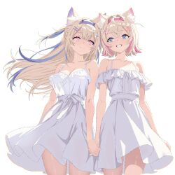 2girls absurdres ahoge animal_ear_fluff animal_ears bandaid bandaid_hair_ornament blonde_hair blue_eyes blue_hair blue_hairband breasts closed_mouth collarbone cow_horns cowboy_shot dog_ears dress fake_horns flat_chest fuwawa_abyssgard grin hair_intakes hair_ornament hairband hairclip highres holding_hands hololive hololive_english horns long_hair looking_at_another medium_breasts mococo_abyssgard multicolored_hair multiple_girls one_side_up parallel_hairclips pink_eyes pink_hair pink_hairband short_hair siblings side-by-side sisters smile streaked_hair sundress takokatsu twins white_dress x_hair_ornament