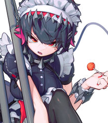 1girl black_hair black_pantyhose breasts candy colored_inner_hair ellen_joe fins fish_tail food highres holding holding_candy holding_food holding_lollipop large_breasts lollipop looking_at_viewer maid maid_headdress mole mole_under_eye multicolored_hair pantyhose pink_hair qu_uo red_eyes shark_girl shark_tail short_hair simple_background solo tail two-tone_hair white_background zenless_zone_zero
