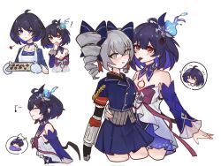 ! &gt;_&lt; 3girls ahoge apron bare_shoulders black_hair blue_bow blue_dress blue_eyes blue_hair blue_jacket blue_skirt blue_sleeves blush bow bronya_zaychik bronya_zaychik_(valkyrie_chariot) chibi collarbone commentary_request detached_sleeves dress drill_hair eighth_note flying_sweatdrops food_in_mouth grey_eyes grey_hair hair_bow hand_on_another&#039;s_waist highres honkai_(series) honkai_impact_3rd jacket long_neck long_sleeves mouth_hold multicolored_hair multiple_girls musical_note nose_blush oven_mitts pleated_skirt profile red_eyes sang_yuchen see-through_clothes see-through_sleeves seele_(alter_ego) seele_vollerei seele_vollerei_(swallowtail_phantasm) short_hair short_sleeves simple_background skirt sleeping twin_drills twintails two-tone_hair white_apron white_background white_dress yuri zzz