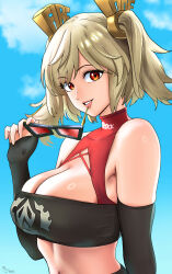 1girl absurdres bare_shoulders black_tube_top blonde_hair blue_sky breasts burnice_white cleavage detached_sleeves highres large_breasts looking_at_viewer medium_hair navel oldmanjenkins84 red_eyes sky smile solo strapless sunglasses tube_top zenless_zone_zero