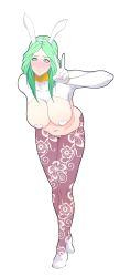 1girl absurdres animal_ears aqua_eyes aqua_hair areola_slip blush breasts cleavage fake_animal_ears female_focus female_pubic_hair fire_emblem fire_emblem:_three_houses full_body green_eyes green_hair heart_maebari heart_pasties highres large_breasts long_hair looking_at_viewer maebari matching_hair/eyes meme_attire navel nintendo pantyhose pasties pubic_hair purple_pantyhose rabbit_ears reverse_bunnysuit reverse_outfit rhea_(fire_emblem) sihkygmojsn simple_background smile solo v white_background white_footwear