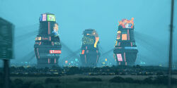 Rule 34 | architecture, billboard, building, highres, neon lights, no humans, original, power lines, road sign, scenery, science fiction, sign, simon stalenhag, utility pole