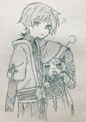 1boy 1girl ? armor belt blunt_ends blush bodysuit bow bridal_gauntlets clenched_hand cropped_legs cropped_torso cross-shaped_pupils dress genshin_impact grabbing_another&#039;s_arm graphite_(medium) hakama hakama_shorts hatching_(texture) height_difference highres japanese_armor japanese_clothes kimono kote layered_sleeves linear_hatching looking_at_viewer mandarin_collar middle_ring nahida_(genshin_impact) open_clothes open_kimono open_mouth peeking pizakureya73 pleated_shorts puff_of_air rope sash scaramouche_(genshin_impact) short_sleeves shorts sketch sleeveless sleeveless_dress symbol-shaped_pupils traditional_media vision_(genshin_impact) wanderer_(genshin_impact)