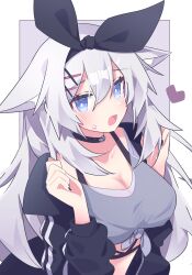 1girl animal_ear_fluff animal_ears black_choker black_jacket black_nails blue_eyes blush bow breasts choker cleavage collarbone crop_top fox_ears front-tie_top grey_hair grey_shirt hair_between_eyes hair_bow hair_ornament hair_ribbon hairband hairclip hands_up heart highres jacket large_breasts long_hair long_sleeves looking_at_viewer midriff off_shoulder open_clothes open_jacket open_mouth original ribbon satoh_vrc shirt solo sweat sweatdrop tied_shirt upper_body very_long_hair vrchat white_hair x_hair_ornament
