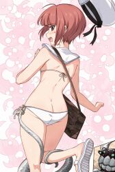 1girl abyssal_ship ass bag bikini brown_eyes brown_hair enemy_naval_mine_(kancolle) feet_out_of_frame from_behind hat highres kanmiya_shinobu kantai_collection lowleg lowleg_bikini sailor_bikini sailor_collar sailor_hat sandals short_hair swimsuit teeth tentacles unworn_hat unworn_headwear white_bikini white_hat white_sailor_collar z3_max_schultz_(kancolle) z3_max_schultz_(swimsuit)_(kancolle)