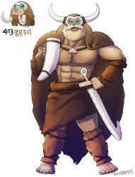 1boy abs artist_name bare_pectorals barefoot beard cloak collarbone facepaint facial_hair fake_horns full_beard full_body fur_cloak gen_4_pokemon helmet highres horned_helmet horns korean_commentary looking_at_viewer male_focus mamoswine muscular muscular_male mustache nintendo nipples pectorals personification pokemon signature simple_background sword tamtamdi thick_neck toenails viking weapon white_background