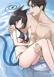 1boy 1girl absurdres animal_ears aoi_riko black_eyes blue_archive blue_halo carrying cat_ears cat_girl cat_tail collarbone gradient_tail halo highres kikyou_(blue_archive) multiple_tails navel princess_carry sensei_(blue_archive) tail two_tails