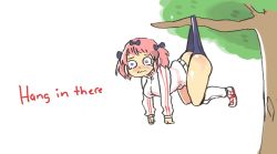 10s 1girl ass blush bow crying crying_with_eyes_open english_text female_focus frown hair_bow hanging hanging_wedgie hibari_(senran_kagura) inkerton-kun jacket kneehighs medium_hair meme outdoors pink_hair senran_kagura shoes simple_background socks solo tears track_jacket tree twintails upset wedgie white_background