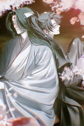 2boys absurdres back-to-back baekcheon_(return_of_the_mount_hua_sect) black_hair black_hanfu cheongmyeong_(return_of_the_mount_hua_sect) chinese_clothes closed_eyes closed_mouth dugong_(brother_jm) falling_petals green_ribbon hair_ribbon hanfu headband high_ponytail highres korean_commentary long_hair long_sleeves male_focus multiple_boys on_floor parted_lips petals pink_petals ponytail return_of_the_mount_hua_sect ribbon sitting upper_body white_hanfu white_headband wide_sleeves wooden_floor