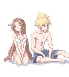 Rule 34 | 1boy, 1girl, aerith gainsborough, bare arms, barefoot, bervens12, blonde hair, blue eyes, bra, breasts, brown hair, cleavage, closed mouth, cloud strife, final fantasy, final fantasy vii, foot out of frame, full body, green eyes, grey shorts, hair between eyes, highres, kneeling, long hair, medium breasts, navel, parted bangs, pink shorts, scar, scar on stomach, short hair, shorts, sidelocks, sitting, sketch, spiked hair, topless male, underwear, v arms, wavy hair, white background, white bra
