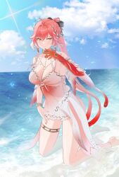 1girl ahoge bare_legs bare_shoulders barefoot black_bow blue_sky body_markings bow breasts changli_(wuthering_waves) closed_mouth collarbone colored_extremities commentary day dress feather_hair gradient_clothes gradient_dress hair_between_eyes hair_bow hair_extensions hand_up head_wreath highres jewelry large_breasts legs looking_at_viewer multicolored_hair outdoors pink_hair red_dress red_hands ring_hair_extensions ririkage sky smile solo tacet_mark_(wuthering_waves) thighlet two-tone_hair white_dress white_hair wuthering_waves yellow_eyes