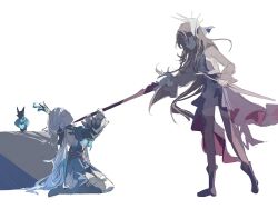 Rule 34 | 2girls, black boots, black hair, blade to throat, blue dress, blue hair, boots, cerydra (honkai: star rail), crown, dress, highres, holding, holding sheath, holding sword, holding weapon, honkai: star rail, honkai (series), hysilens (honkai: star rail), kneeling, long hair, multiple girls, nani miteru0, ponytail, sheath, sword, weapon, wide-eyed