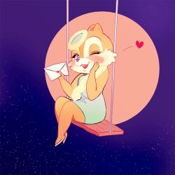 1girl blue_dress blue_eyes chipmunk_ears chipmunk_girl clarice_(disney) disney dress envelope eyelashes flower full_body hair_flower hair_ornament looking_at_viewer mickey_mouse_&amp;_friends open_mouth rrr0511 smile solo swing