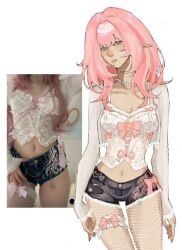 Rule 34 | 1girl, alternate costume, black shorts, blue eyes, corset, elf, elysia (honkai impact), fishnet pantyhose, fishnets, hairband, honkai (series), honkai impact 3rd, long hair, long sleeves, midriff, navel, pantyhose, pink hair, pointy ears, reference inset, short shorts, shorts, solo, sunny (sunnyy y1), symbol-shaped pupils, thigh strap, white corset, white hairband