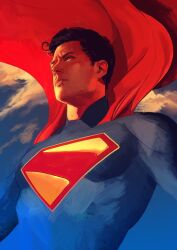 1boy black_hair blue_bodysuit bodysuit cape closed_mouth cloud commentary covered_pectorals dc_comics english_commentary highres looking_ahead male_focus pectorals realistic red_cape short_sideburns sky solo superhero_costume superman superman_(2025) superman_(series) superman_logo upper_body uzuri_art