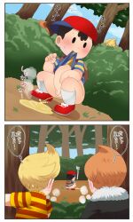 2koma 3boys ass backpack bag bare_hips bare_legs black_hair blonde_hair blue_stripes blush bottomless brothers brown_hair bushe child claus_(mother_3) comic embarrassed excited hat huge_ass humming jacket japanese_text legs looking_back lucas_(mother_3) male_focus mother_(series) mother_2 mother_3 multiple_boys nervous ness_(mother_2) nintendo no_male_underwear no_pants pee peeing penis pepping red_hat red_shoes red_stripes shirt shoes shota siblings sjsj_10 sky socks spying striped_clothes striped_shirt super_smash_bros. sweat sweatdrop testicles tree twins white_socks woods yaoi yellow_shirt