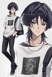 1boy alternate_costume animal_print asagizuisen backpack bag bespectacled bishounen black_bag black_hair black_pants black_shirt black_shoes black_sleeves black_undershirt blunt_ends casual cat_print chain chain_necklace character_doll contemporary cross-laced_shoes earrings eyeliner eyeshadow genshin_impact glasses grey_background hands_in_pockets highres jewelry layered_shirt layered_sleeves looking_at_viewer makeup male_focus mini_durin_(genshin_impact) necklace pants parted_lips purple_eyes red_eyeliner red_eyeshadow scaramouche_(cat)_(genshin_impact) scaramouche_(genshin_impact) shirt shoes short_sleeves sneakers solo tsurime twitter_username watermark watermark_grid white_mouth white_shirt white_sleeves wispy_bangs zoom_layer