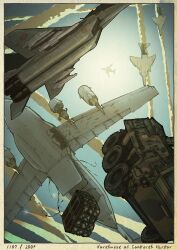 ace_combat ace_combat_04 aircraft airplane armored_personnel_carrier armored_vehicle border commentary_request day english_text f-4_phantom_ii fighter_jet fine_art_parody flying highres mig-29 military military_vehicle mobius_1 motor_vehicle nihonga no_humans outdoors parody sky ukiyo-e vehicle_focus vehicle_request yuukou